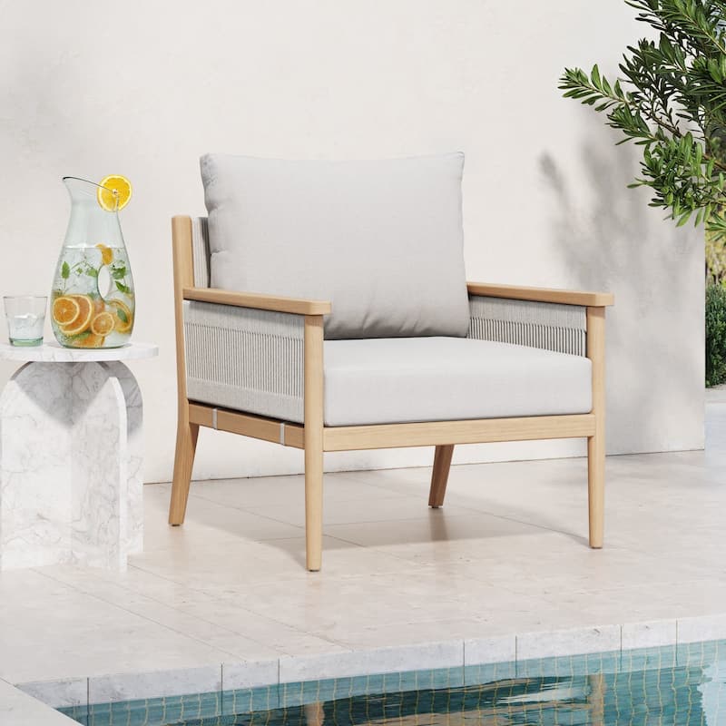 Kayden Bohemian Wooden Upholstered Armchair with Removable Cushion Covers and Solid Acacia Wood Frame - White Cream/Raw Oak