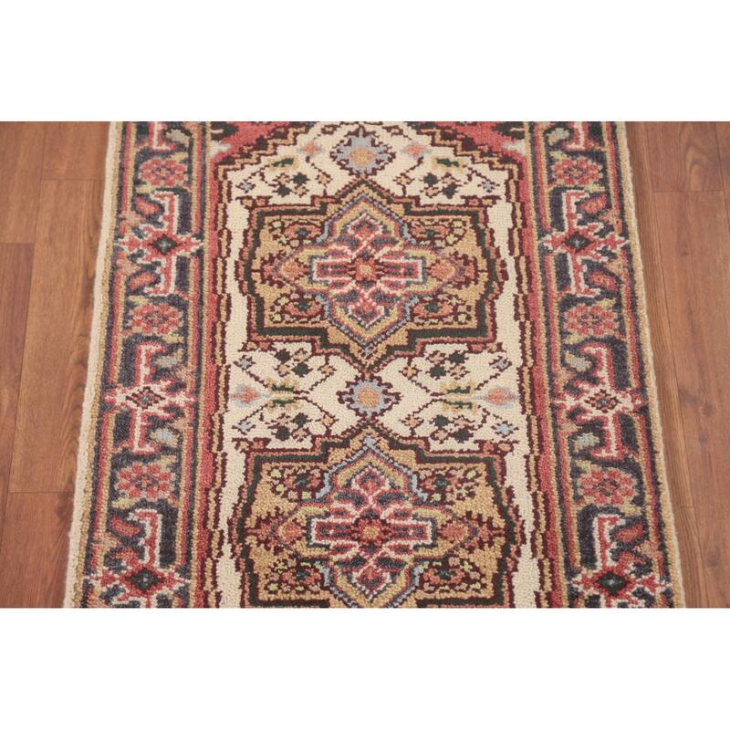 Geometric Heriz-Serapi Accent Rug Handmade Beige Wool Carpet - 2'0"x 4'0"