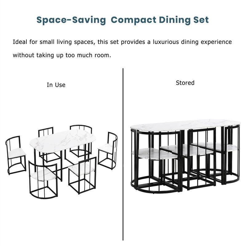 Mid-Century 7-Piece Dining Table Set for 6 People, Kitchen Dining Room Table Set with Faux Marble Dining Table and 6 Chairs
