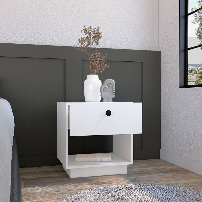 Black Nightstand with Drawer and Large Open Shelf, 19"H, Ideal for Bedroom or Living Room