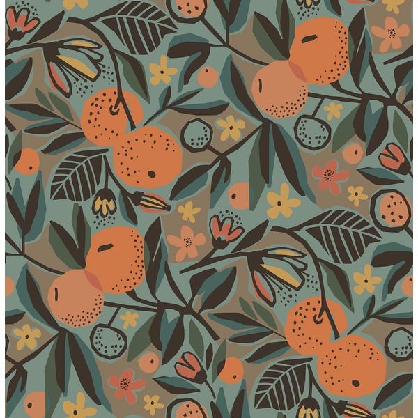 slide 2 of 7, Pip & Lo Teal Clementine Garden Peel & Stick Wallpaper