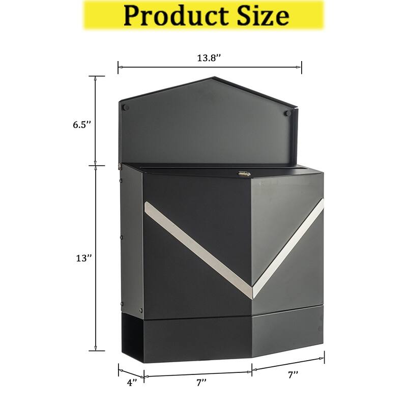 CraftHome Modern Outdoor Metal Secure Locking Black Wall-Mount Mailbox With Stainless Steel V-Shape Futuristic Design For Home