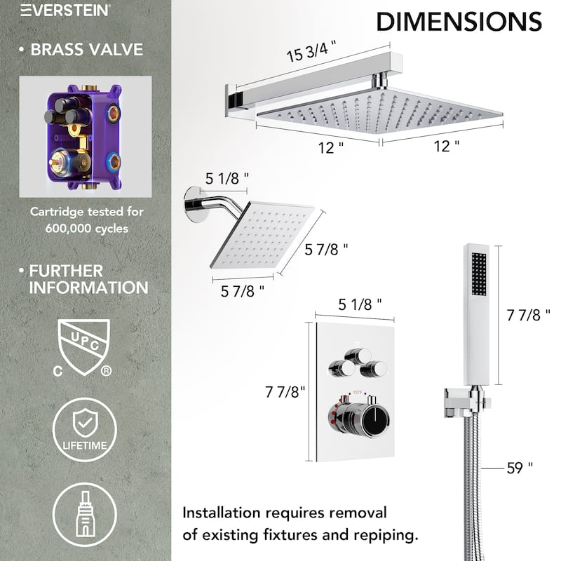 Thermostatic Shower Faucet 12" and 6" High-Pressure Dual Showerheads with Handheld Shower