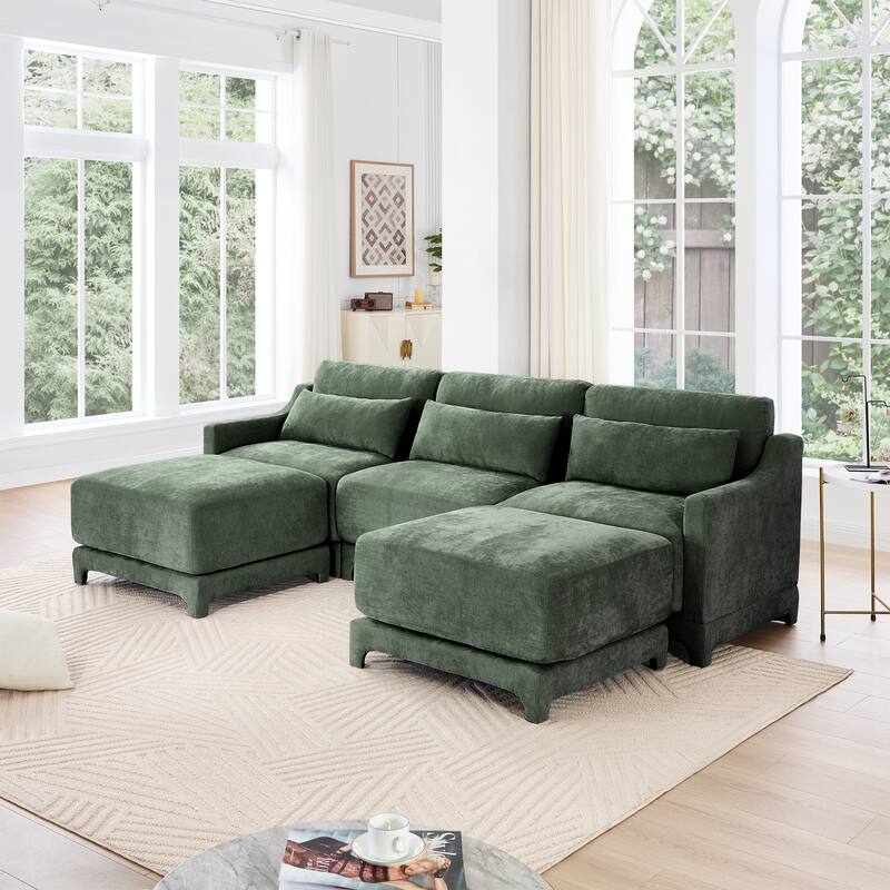 105.9" Chenille 3-Seater Sofa with 2 Ottomans, Lumbar Pillow & Wooden Base - Green