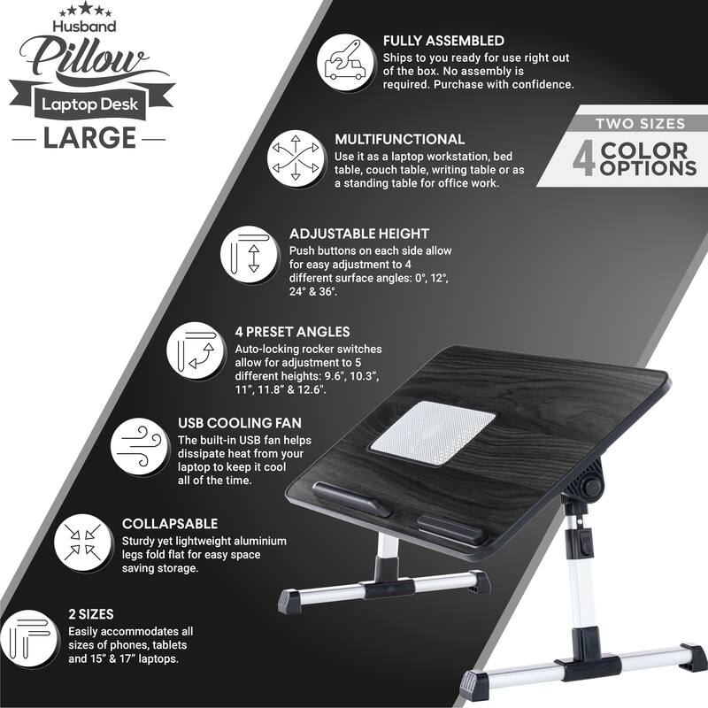 Husband Pillow - Lap Desk Large Wood Top - Fits Up to 17" Laptop - with Dual Cushion, Multifunctional Slot for Tablet