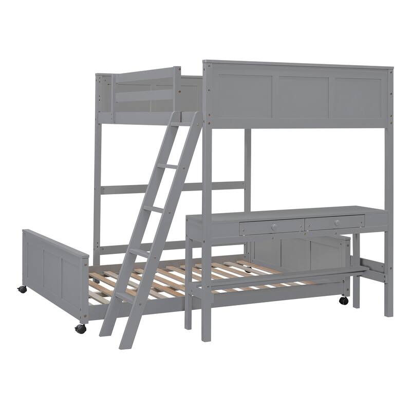 Space-Saving Twin Over Full Bunk Bed with Desk and Drawers - Solid Pine Construction, White/Grey