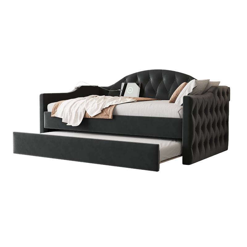 Twin Tufted Upholstered Daybed with Trundle - Velvet Sofa Bed, USB/Type-C Charging, No Box Spring Needed