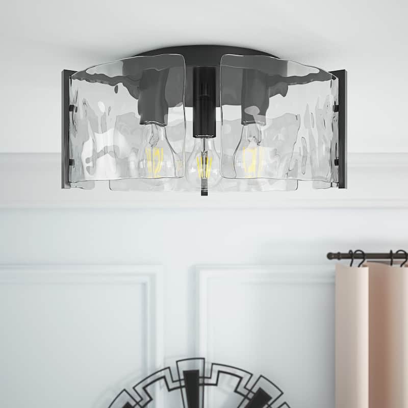 Modern Black Metal Ceiling Light Flush Mount Fixture with Curved Water Glass Panels