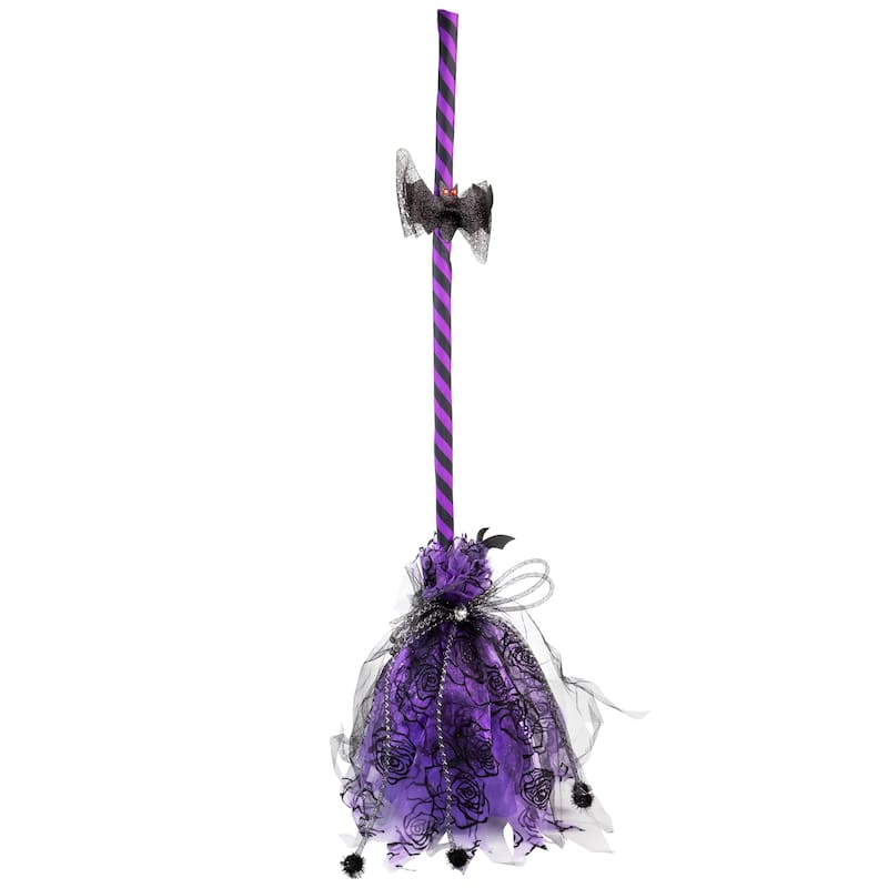 29" Purple and Black Striped Animated Witches Halloween Broom with Bat Accents