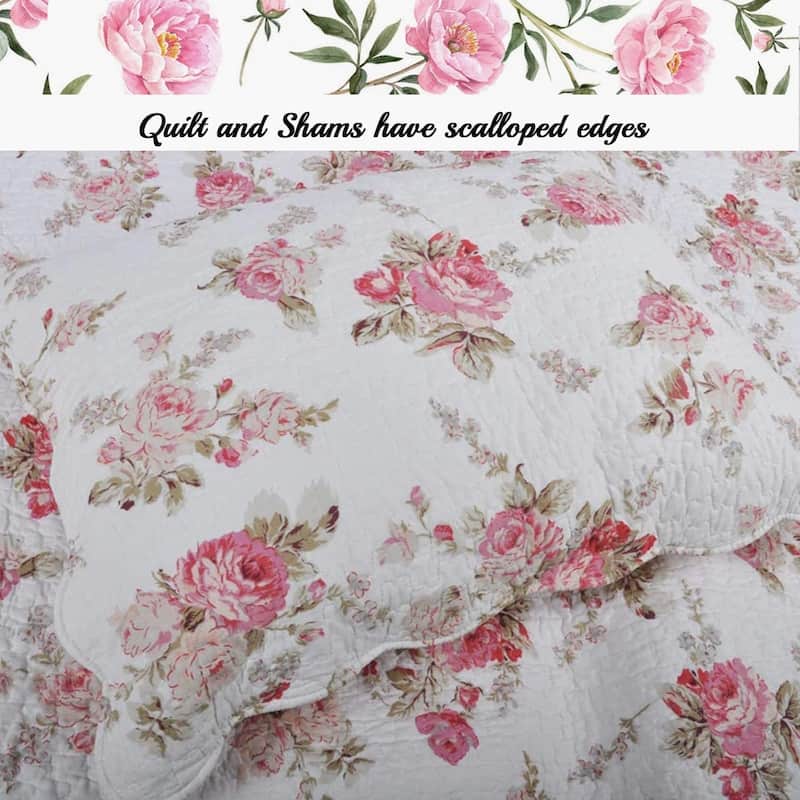 Cozy Line Pink Floral Patricia Reversible Floral 3 Piece Cotton Quilt Bedding Set