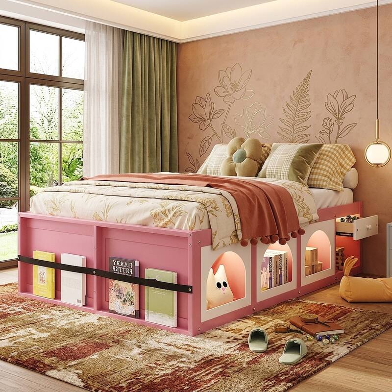 Wooden Platform Bed with Footboard Bookshelf, LED Display Cabinet and Drawer Storage by Harper&Bright Designs - Pink+White - Full