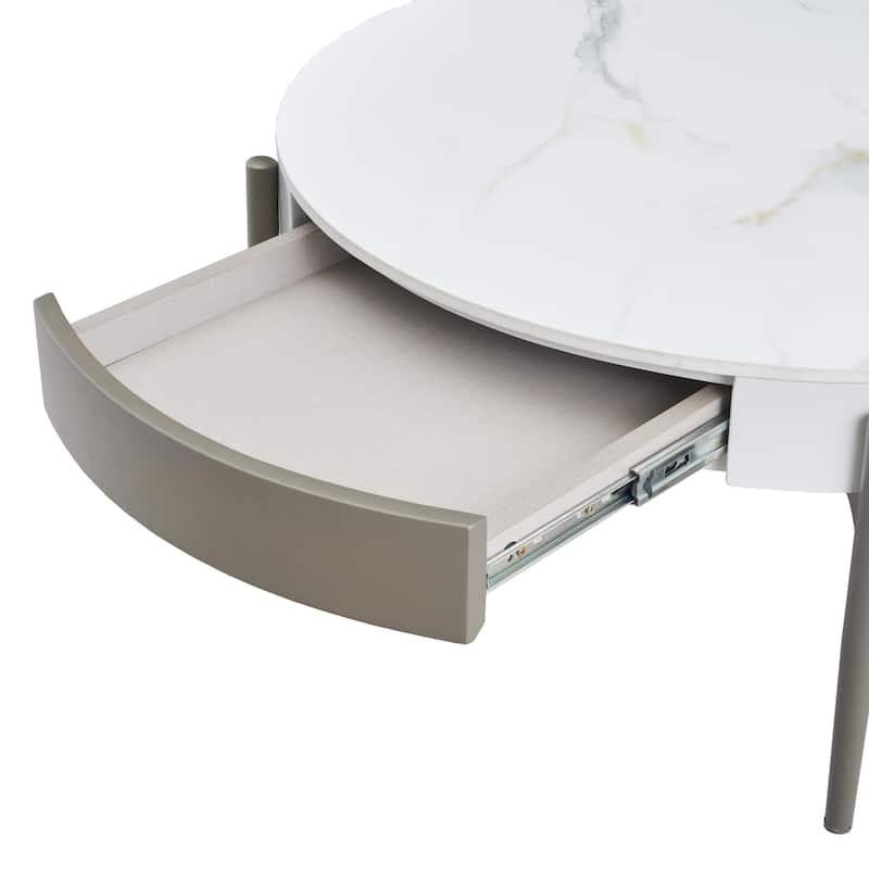 31.49" Ceramic Tile Round Coffee Table with Sintered Stone Top, Storage Drawers