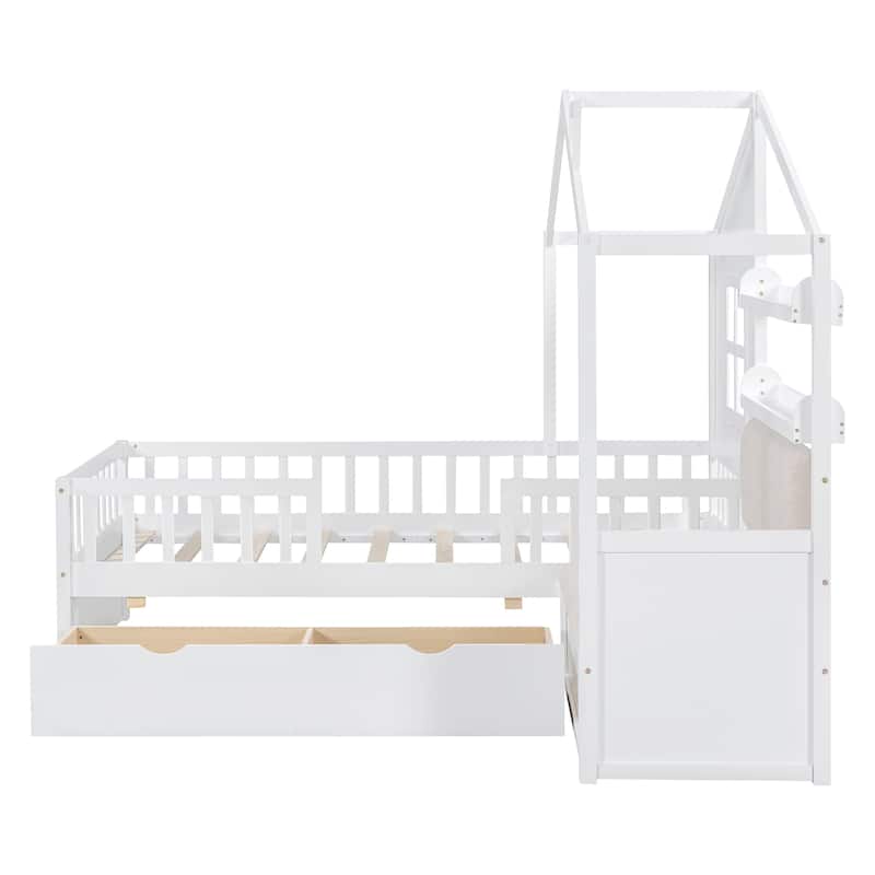 Twin Size House Bed with Sofa, Kids Platform Bed with Two Drawers and Storage Shelf