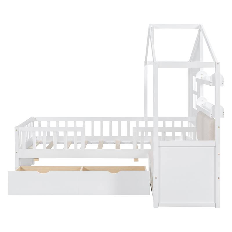 Twin Size Wooden House Bed with Sofa, Kids Playhouse Platform Bed with Two Drawers and Storage Shelf