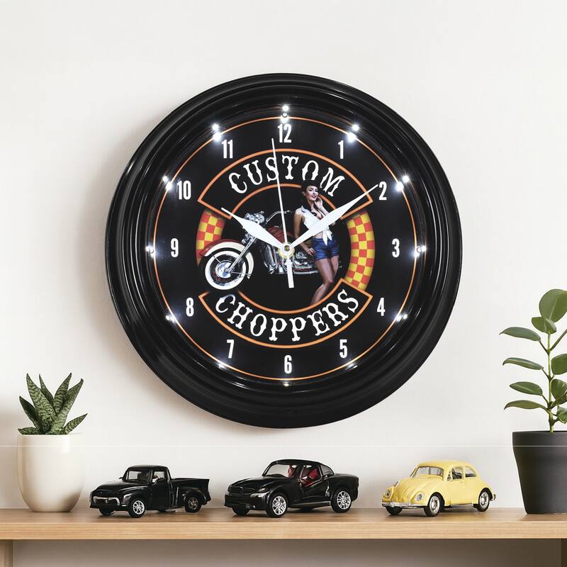 Corona Retro Round Neon Wall Analog Clock with Pull Chain - 14.5"