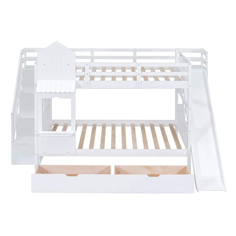 Castle Style Bunk Bed with 2 Drawers 3 Shelves and Slide