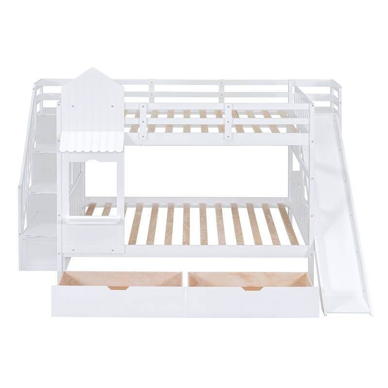 Solid Wood Full Over Full Castle Style Bunk Bed with 2 Drawers 3 Shelves and Slide and Storage Stairs