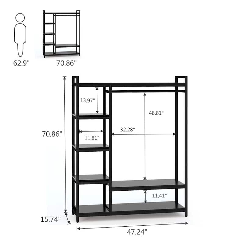 Brown/ Black Wood Industrial Clothing rack with shelves, 5-Tier Clothes Garment Rack Closet Organizer System with Hanging Rod