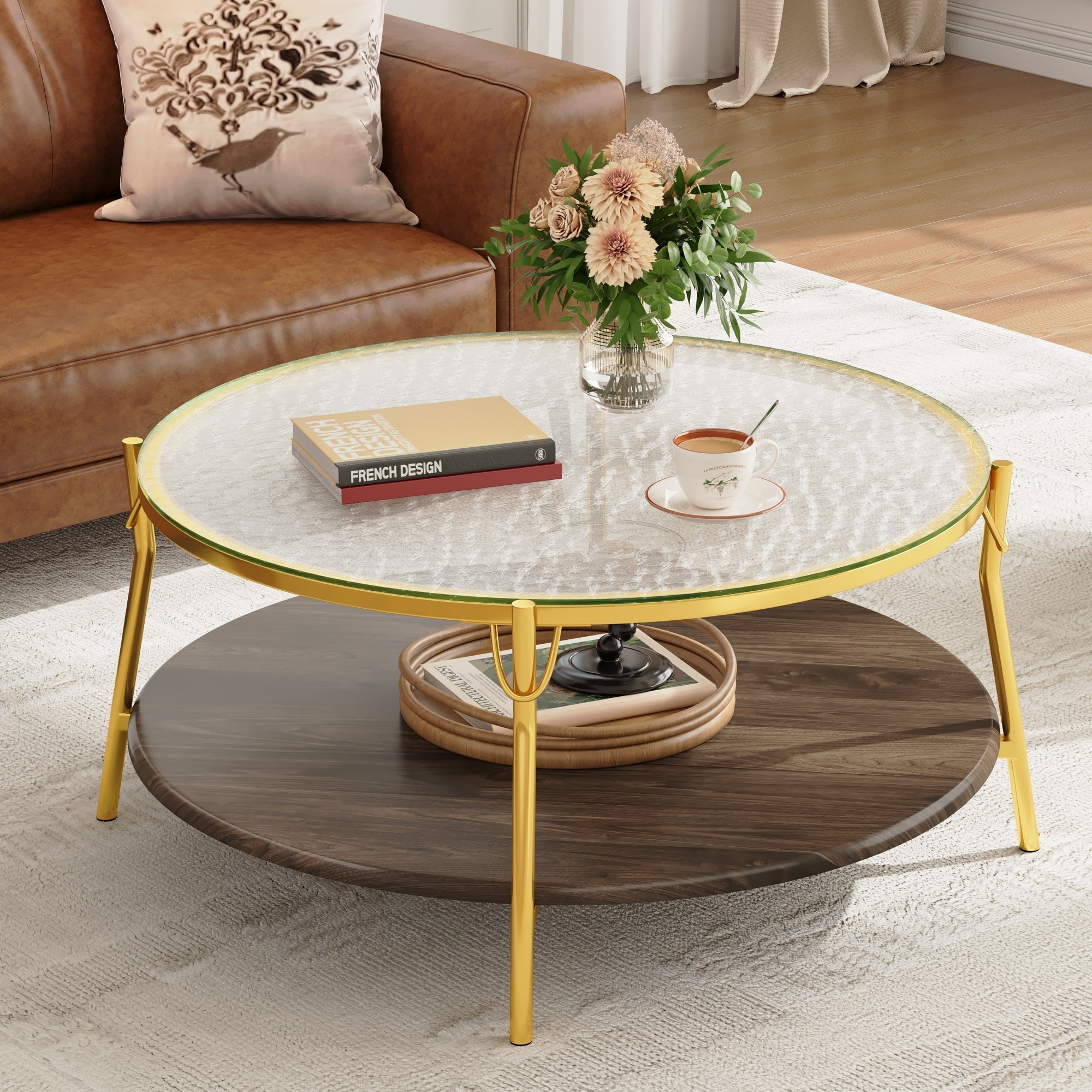 29.9" Modern Round Walnut 2-Tiered Coffee Table with Glass Top and Gold Base for Living Room