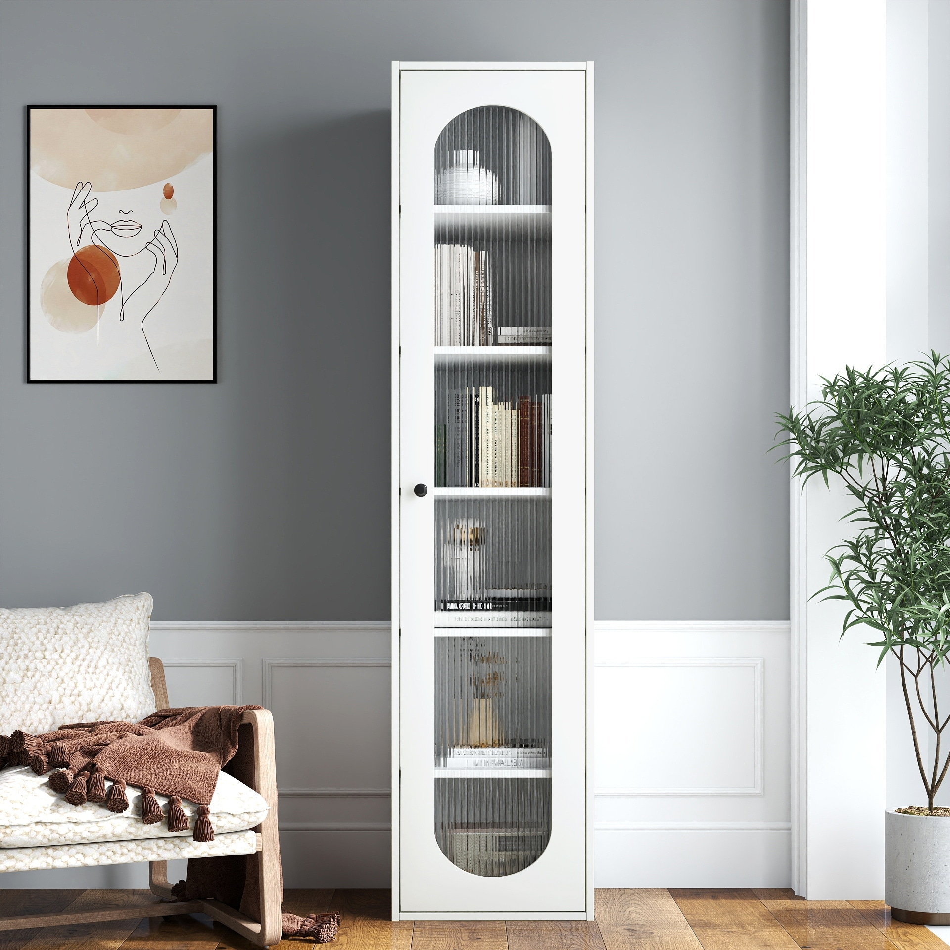 66.93''H Wood Bookshelf with 6 Storage Shelving & 1 Glass Door