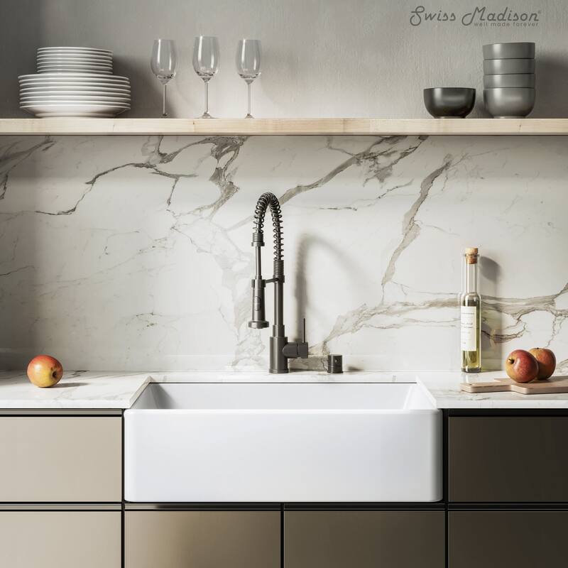 Elegance 30" X 20" Single Basin Fireclay Farmhouse Kitchen Sink In Glossy White With Stainless Steel Grid