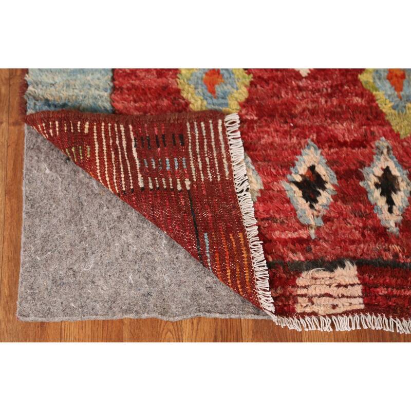 Geometric Red Moroccan Oriental Runner Rug Handmade Wool Carpet - 2'11" x 9'9"