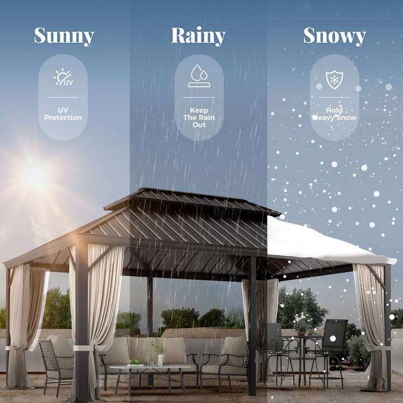 MAISON ARTS 14x20' Hardtop Aluminum Galvanized Steel Double Roof Gazebo with Netting & Curtains