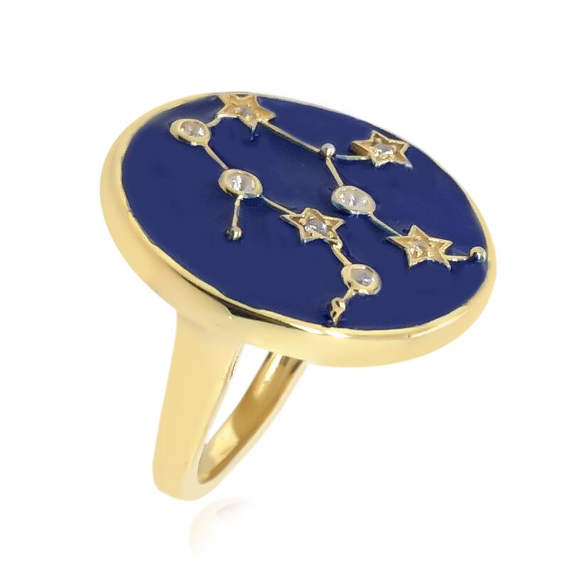 Sterling Silver Over Gold Plated White Zircon With Blue Enamel Gemini Zodiac Signs Ring