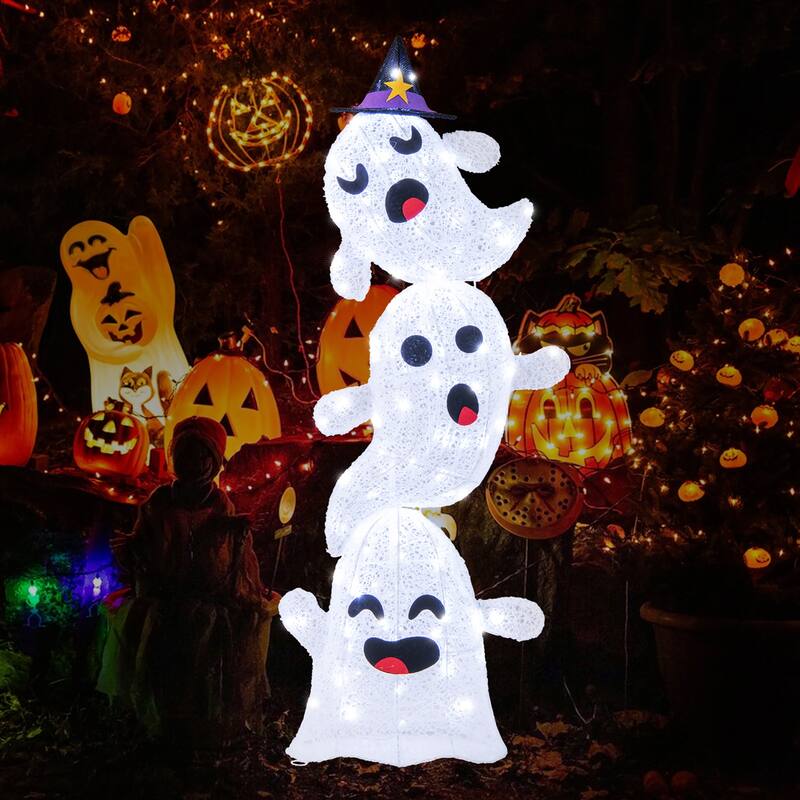 Gymax 4 Ft Halloween Decorations Outdoor Stacked Ghosts w/ Built-in