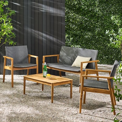 Bryan Outdoor Wicker and Acacia Wood 4 Seater Chat Set by Christopher Knight Home