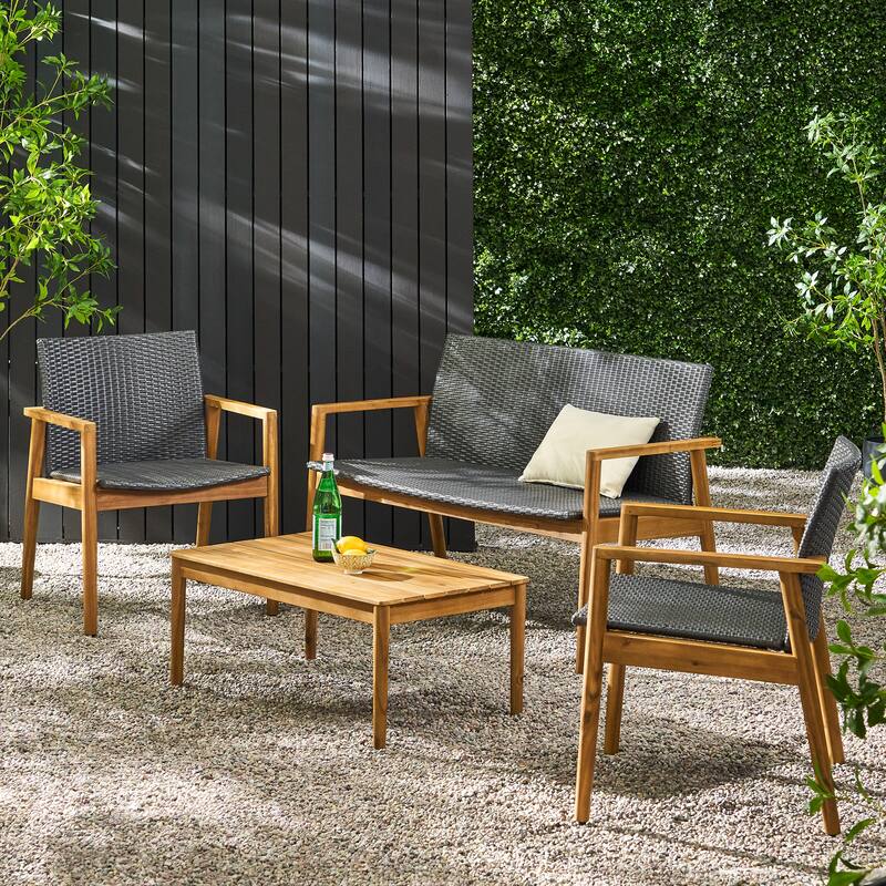 Outdoor 4 Piece Acacia Wood Chat Set 4 Seater Patio Rattan Chair Set w/Coffee Table