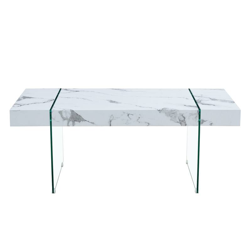Roomfitters White Marble MDF Coffee Table with Tempered Glass Legs, Side or Display Table for Modern Living Room
