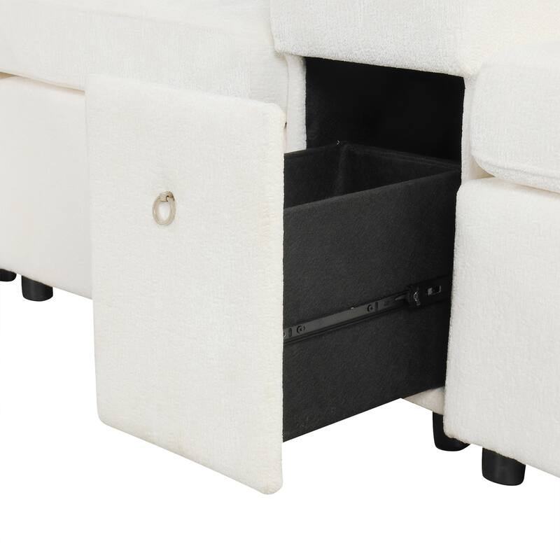 120.5" Chenille L-Shaped Convertible Sofa Bed with Pull-Out Bed, Storage Ottoman & Cup Holders