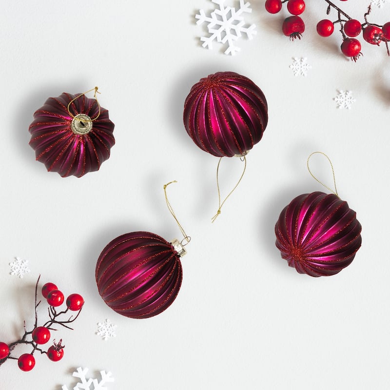 Ribbed Glittered Glass Ball Christmas Ornaments - 3" (75mm) - Maroon - 4ct