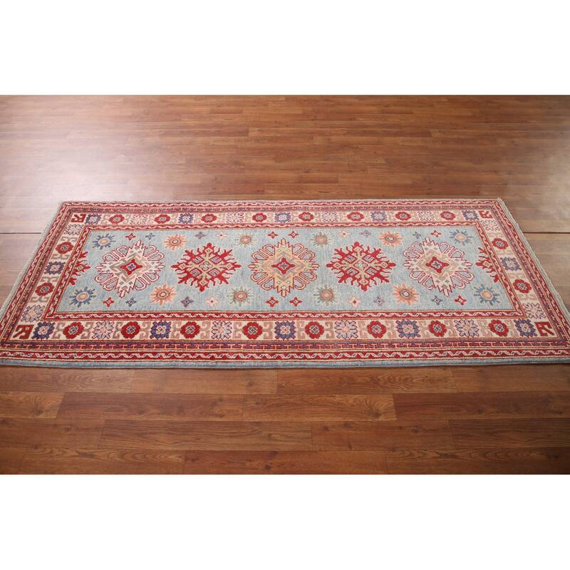 Light Blue Geometric Kazak Runner Rug Hand-Knotted Wool Carpet - 2'8" x 6'6"