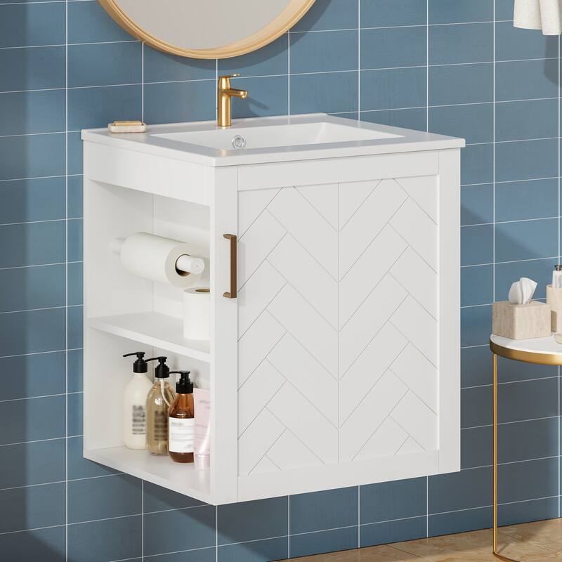 Roomfitters 20 Inch Wall Mounted Bathroom Vanity & Side Cabinet Combo, Floating Storage Station with Sink - White