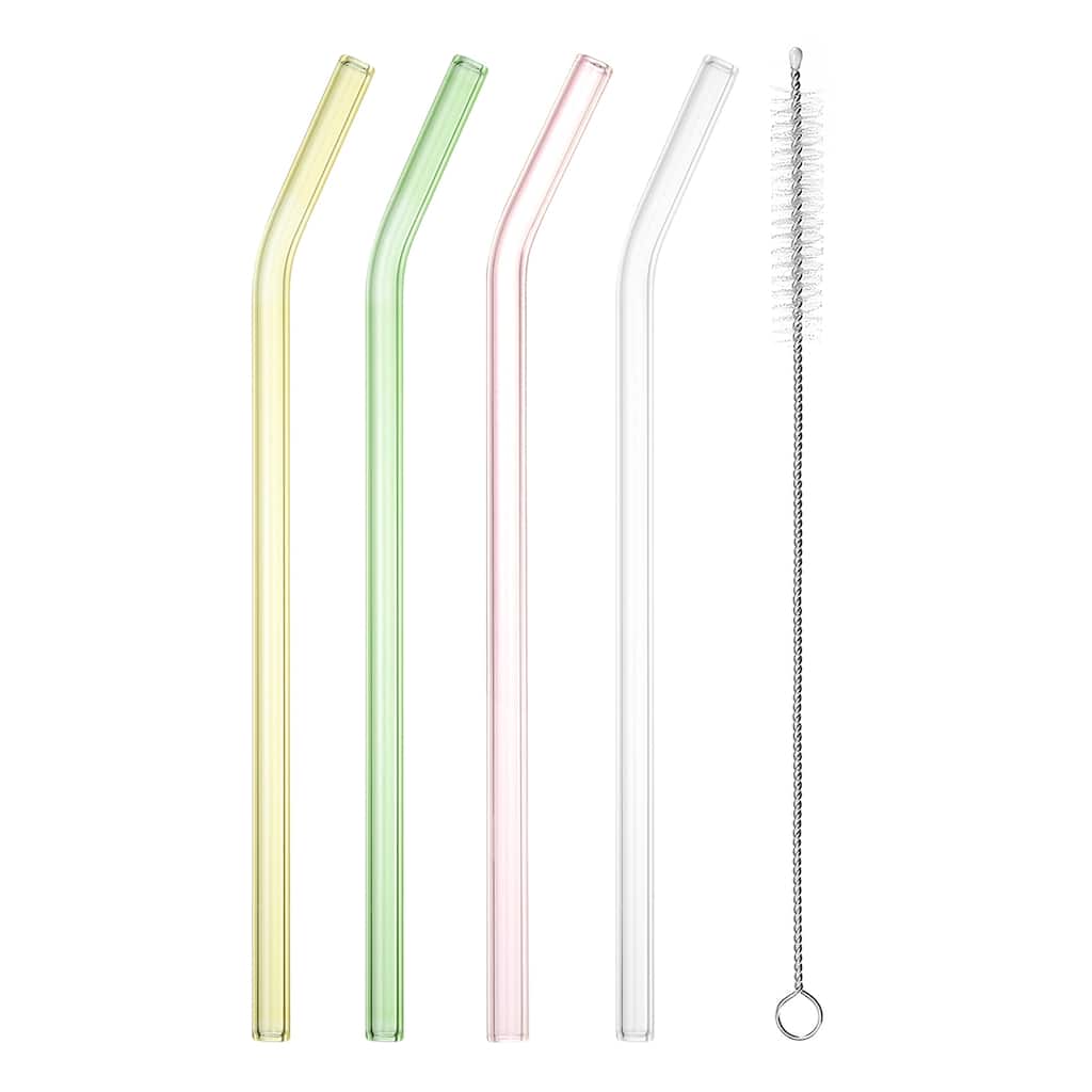 Reusable Straws Glass Straw 4pcs 8mm with Cleaning Brush, Assorted Colors, Bent - Assorted Colors