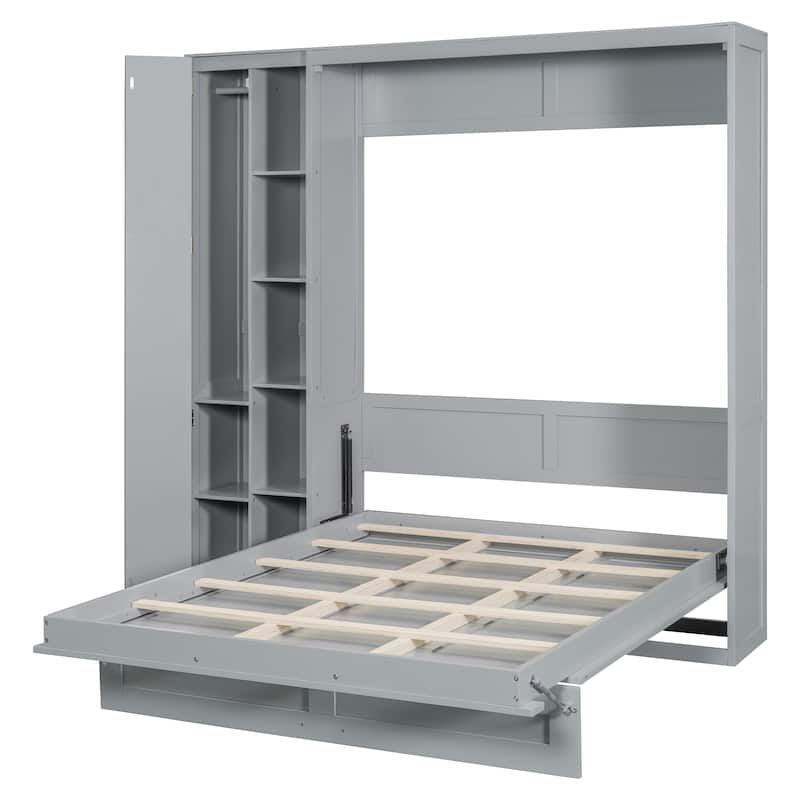 Full Size Murphy Bed Wall Bed with Shelves, Wardrobe and LED Lights