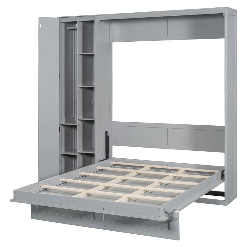 Space-Saving Full Size Wall Bed with Shelves, Wardrobe, and LED Lights in Gray