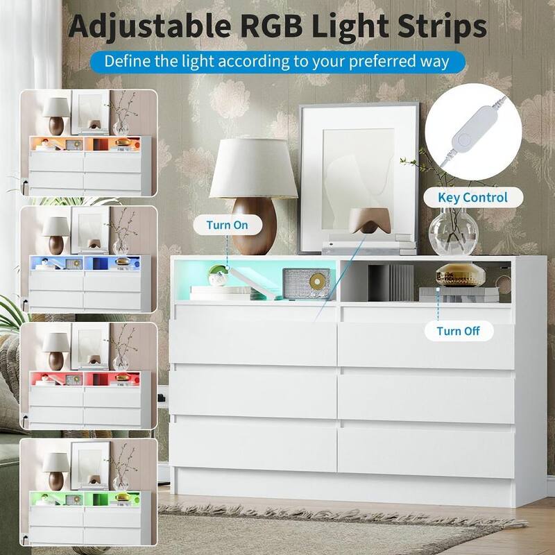 6 Drawer Dresser, with LED Lights and USB Charging Station