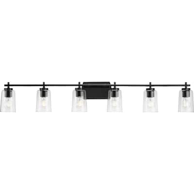 Adley Collection Six-Light Matte Black Clear Glass Bath Vanity Light - 48.5 in x 6 in x 7.62 in
