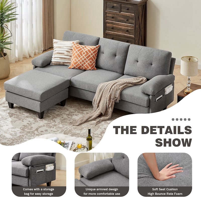 86.22" Wide Sectional Sofa with Ottoman & Side Storage Bags