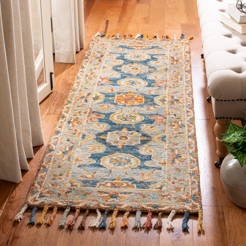 SAFAVIEH Handmade Aspen Libbie Boho Tassel Wool Rug - 2'3" x 21'0" - Grey/Navy
