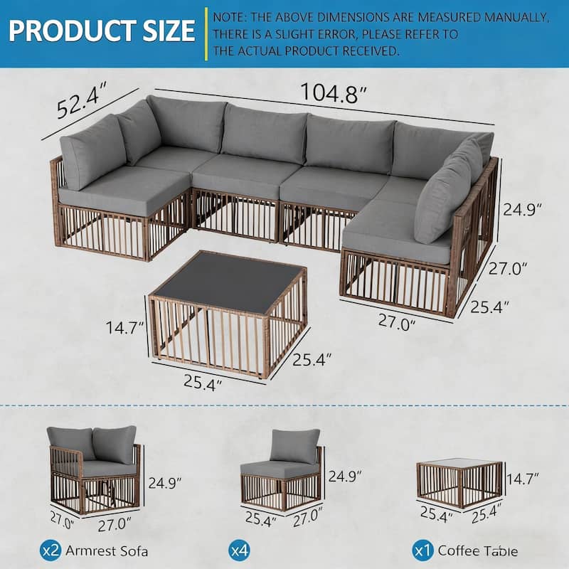 7-Piece Wicker Patio Conversation Set with Cushions,6 Sofas, 1 Table