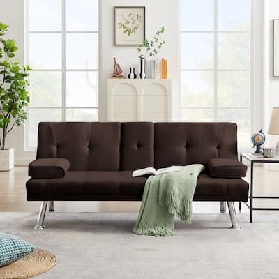 66.53" Modern Linen Upholstered Futon Sofa Bed with Adjustable Back, Cupholders, and Removable Armrests
