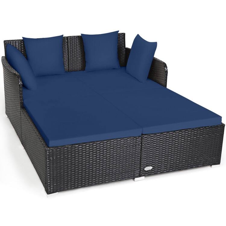 Outdoor Rattan Daybed with Cushions for Patio Garden Lounge Seating - Navy