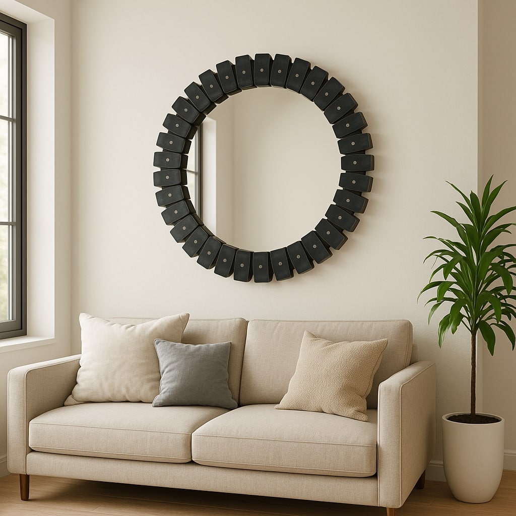 Marble Glass Round Tile Wall Mirror - Black, 35"