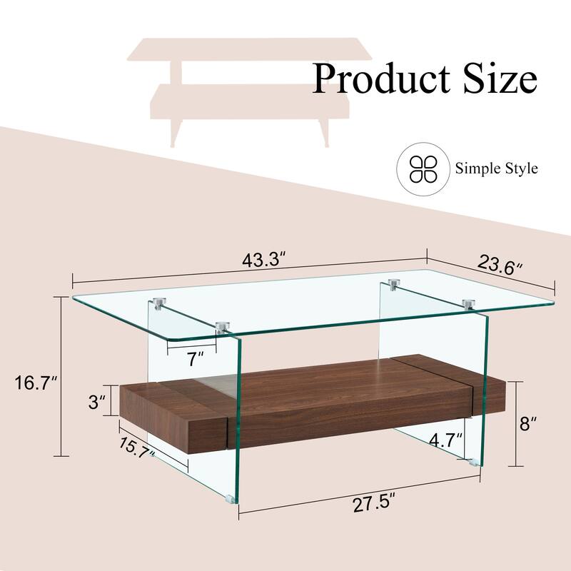 40.3-Inch Sturdy Double-Layer Coffee Table - Tempered Glass Tabletop And Table Legs,With A Load-Bearing Capacity Of 250 Pounds