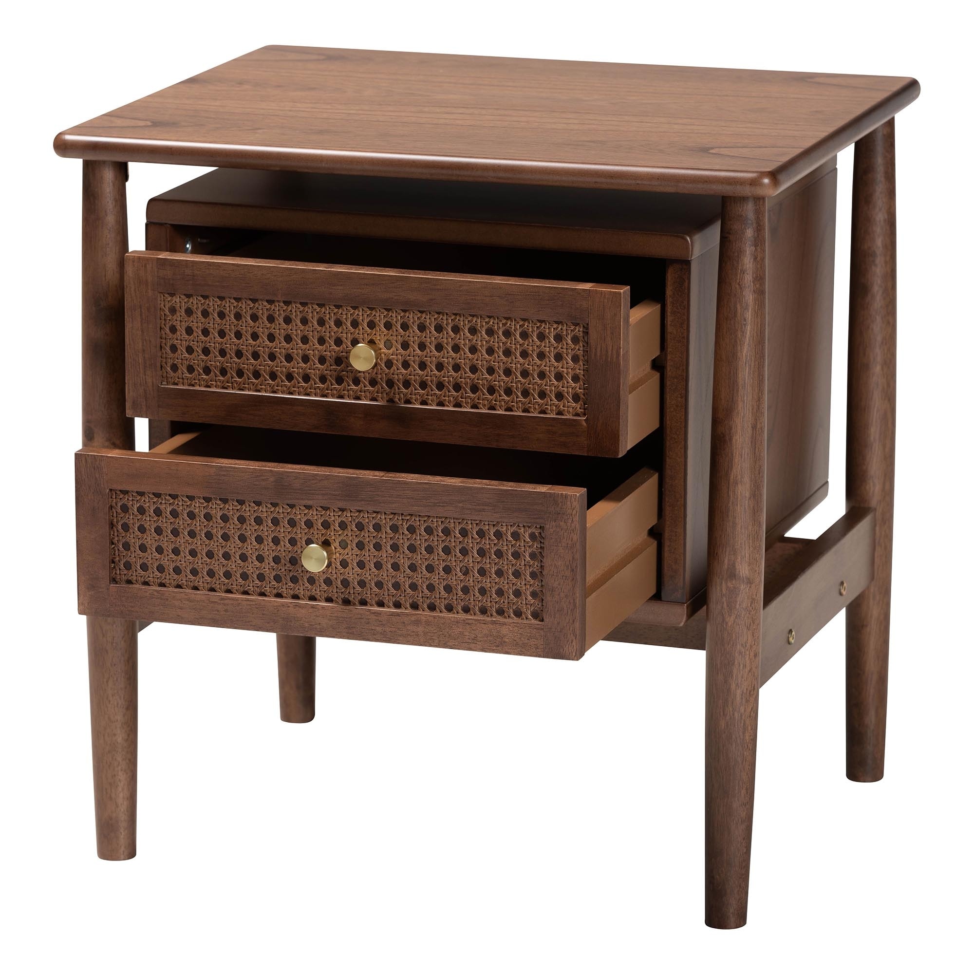 【公式】アクセサリーの激安通販 Japandi Alyssa Walnut Woven Nightstand 2-Drawer Wood Brown 絵本・児童書