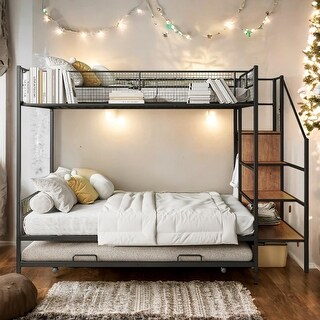 Versatile Design Twin over Full Metal Bunk Bed with Trundle and Lateral Storage Practical Step Ladder and Built-in Wardrobe